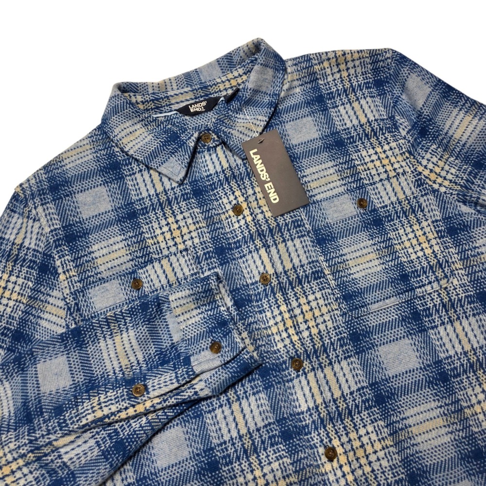NEW Lands' End Flannel Shirt Womens XL Blue Plaid Button Up Long Sleeve Stretch